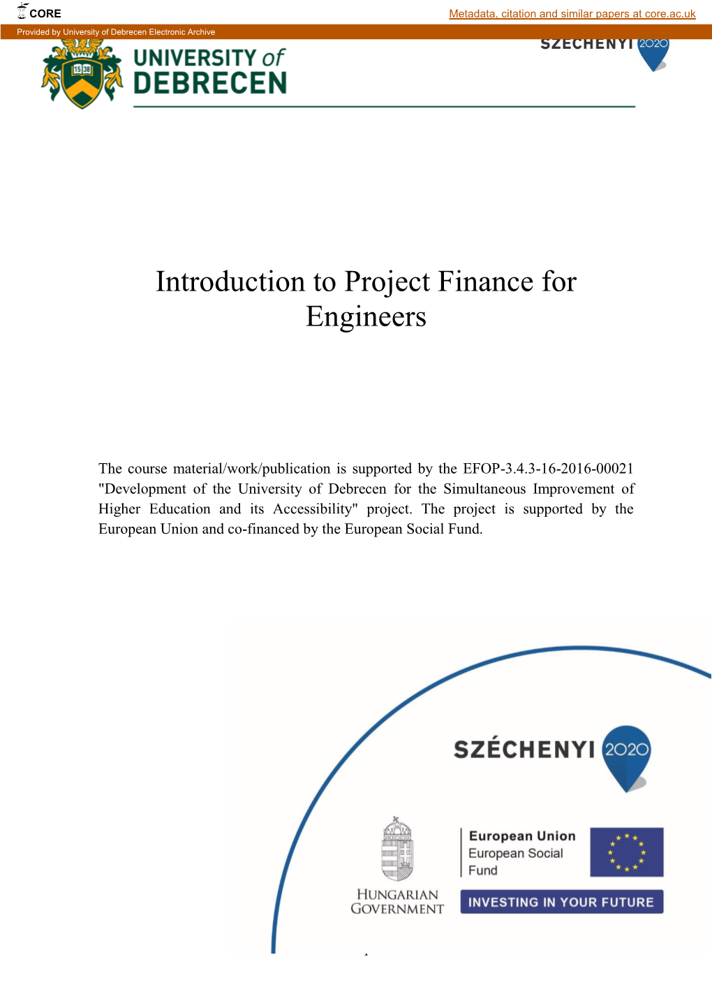 Introduction to Project Finance for Engineers