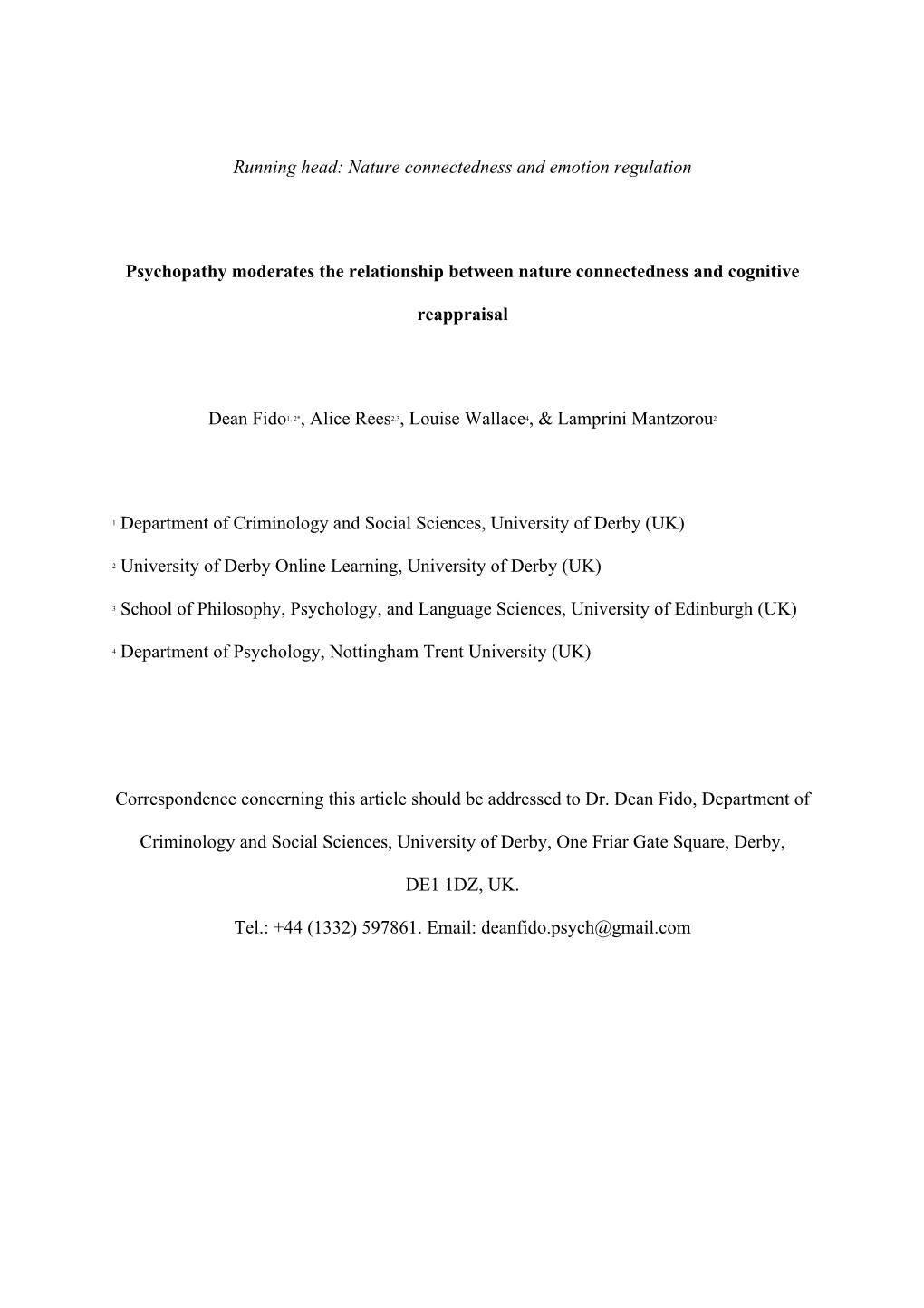 Nature Connectedness and Emotion Regulation Psychopathy Moderates the Relationship Between Nature Connectedness An