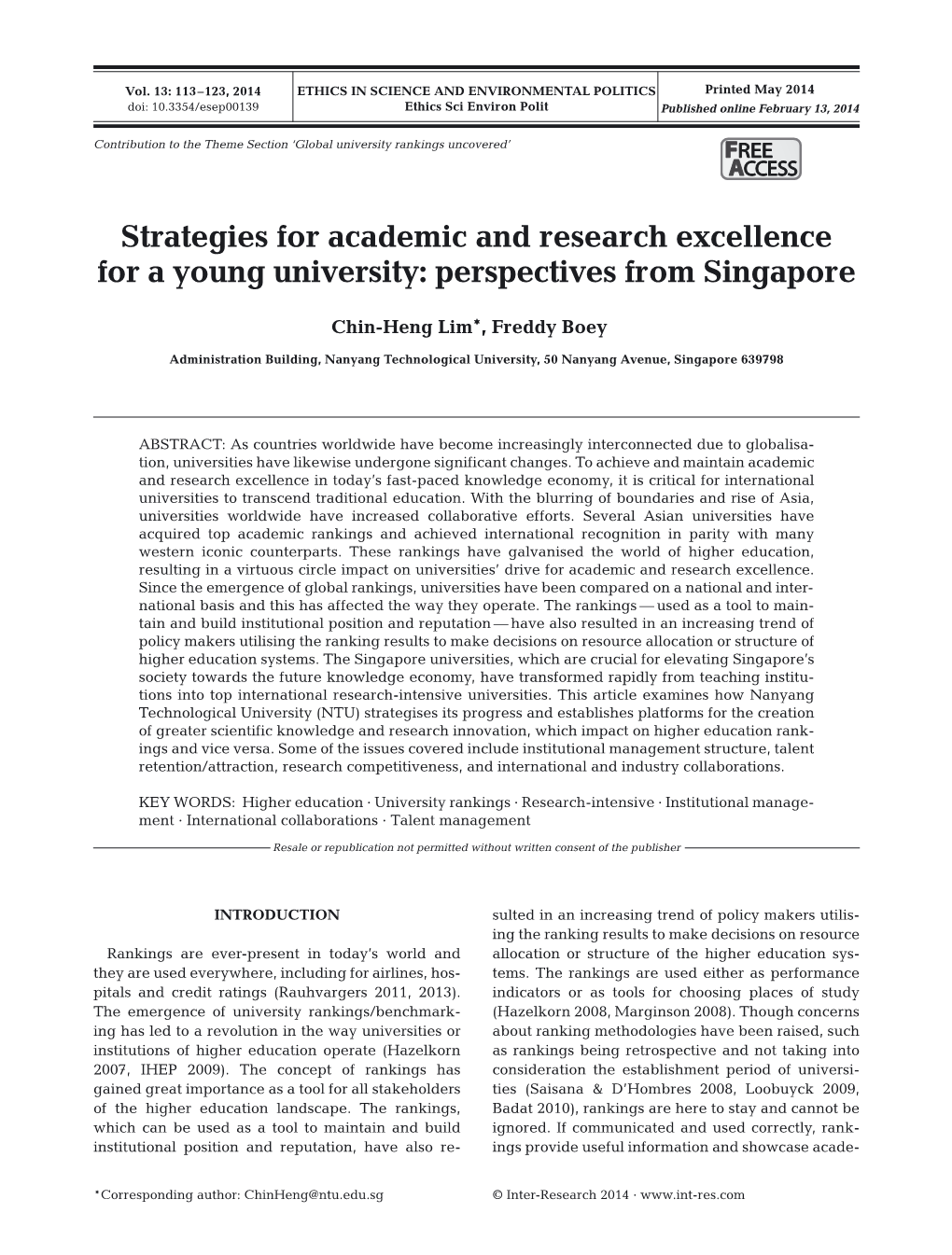 Strategies for Academic and Research Excellence for a Young University: Perspectives from Singapore