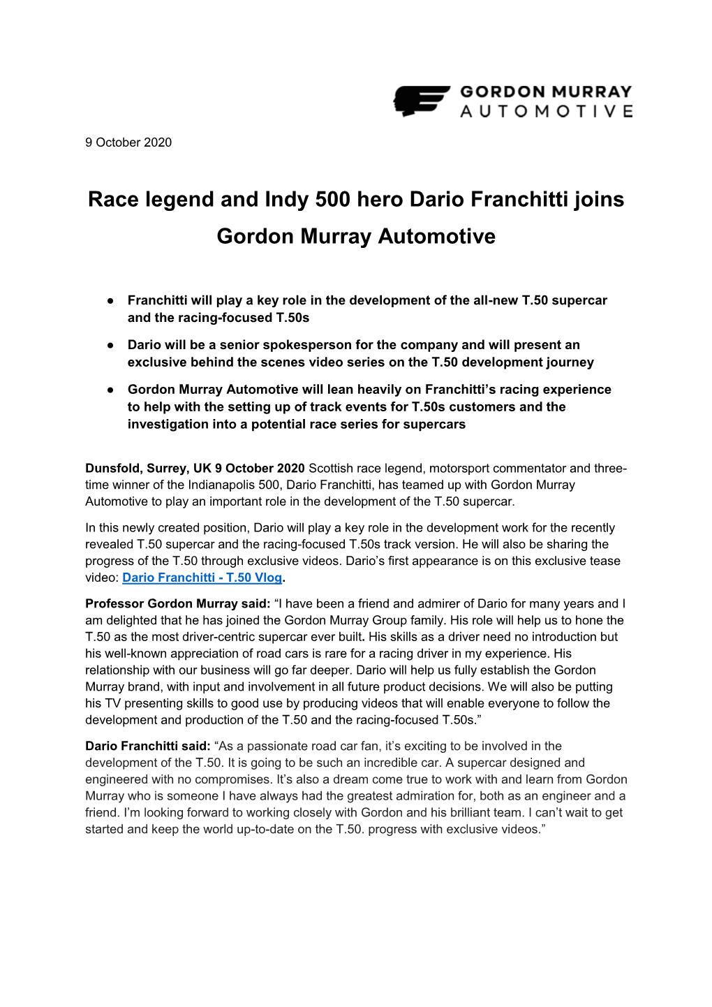 Race Legend and Indy 500 Hero Dario Franchitti Joins Gordon Murray Automotive