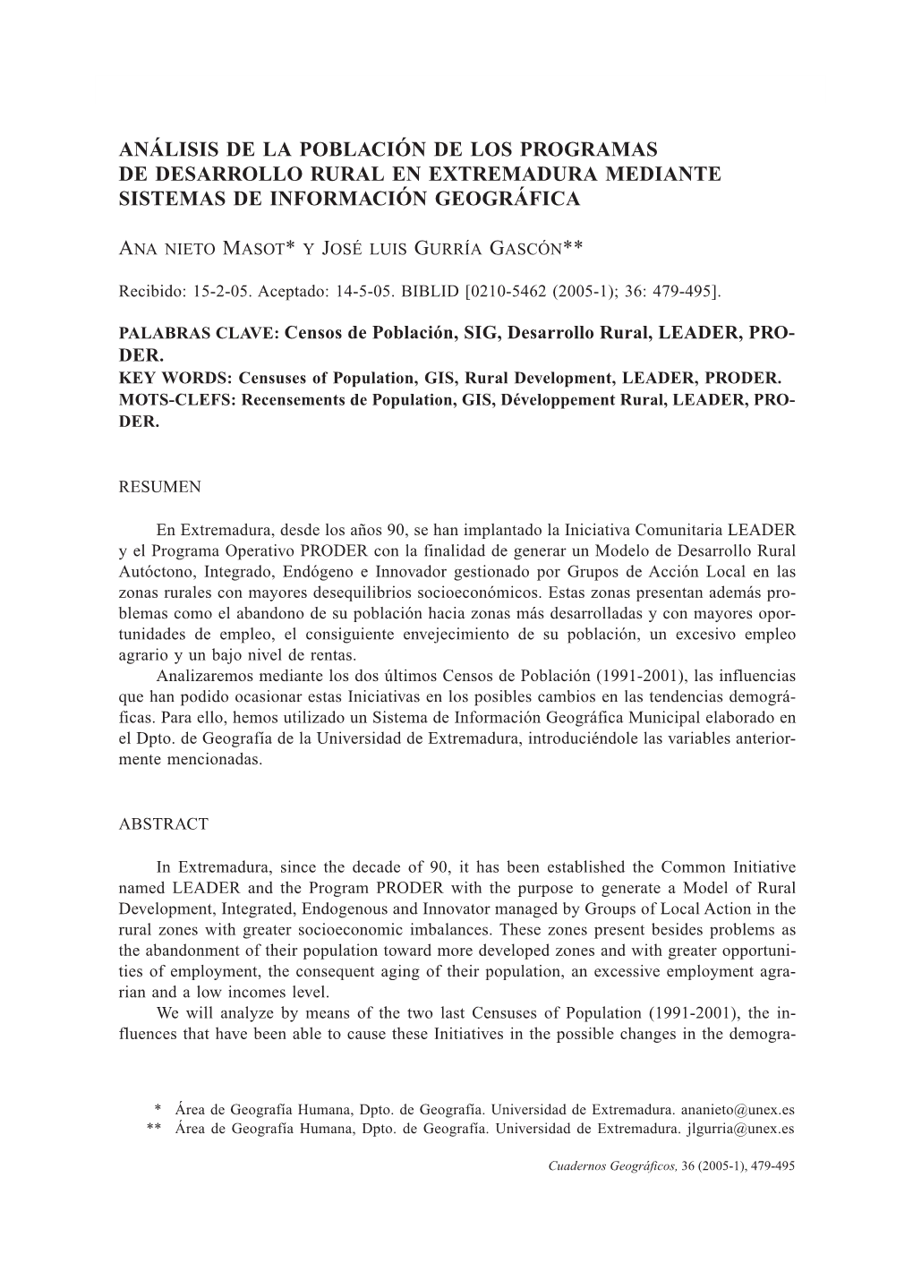 Análisis De La Población De Los Programas De Desarrollo Rural En Extremadura Mediante Sistemas De Información Geográfica