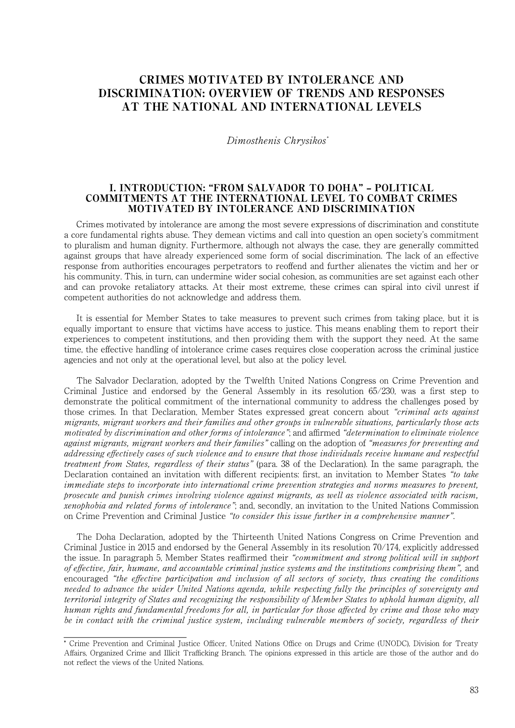 Crimes Motivated by Intolerance and Discrimination: Overview of Trends and Responses at the National and International Levels