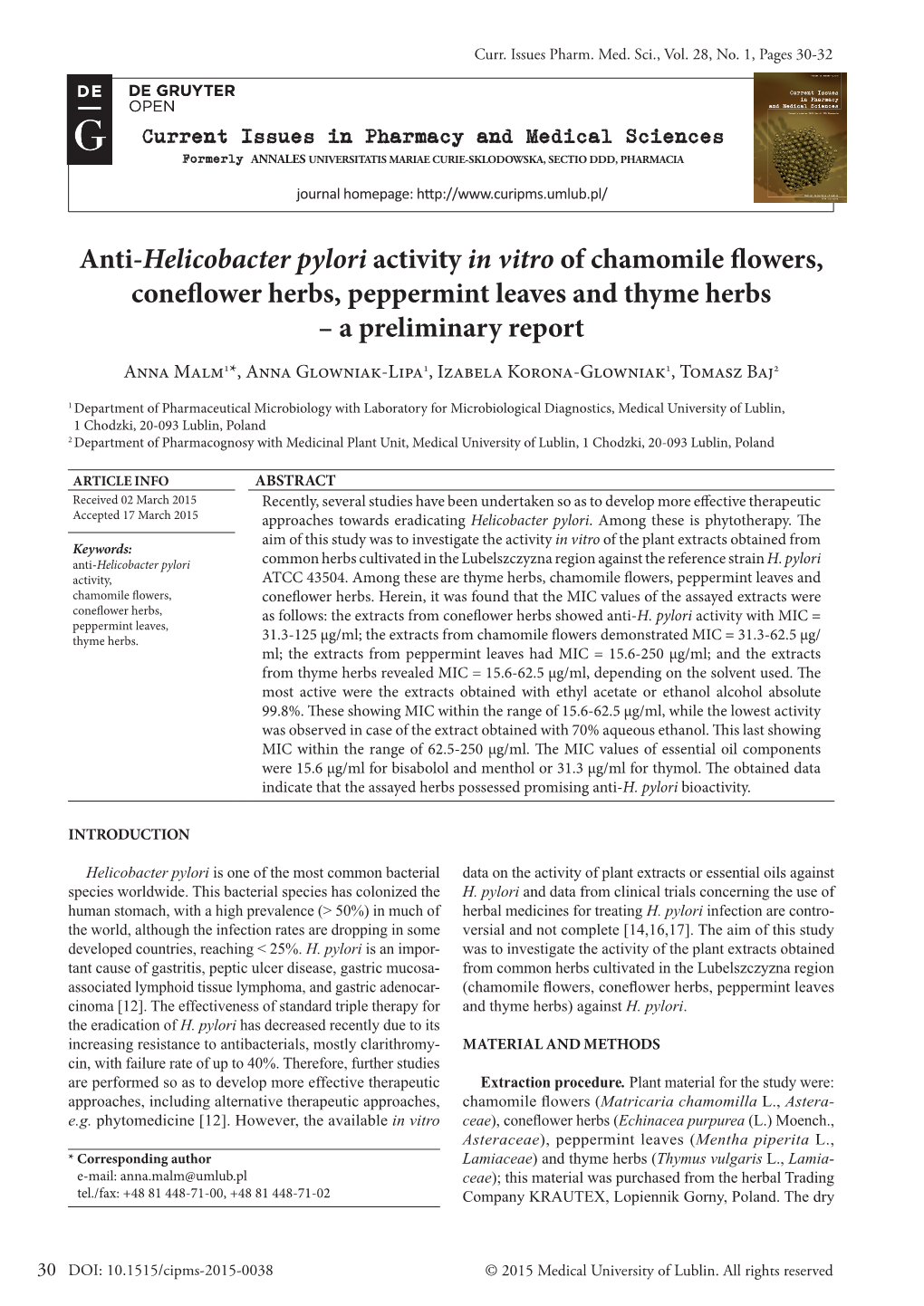 Anti-Helicobacter Pylori Activity in Vitro of Chamomile Flowers