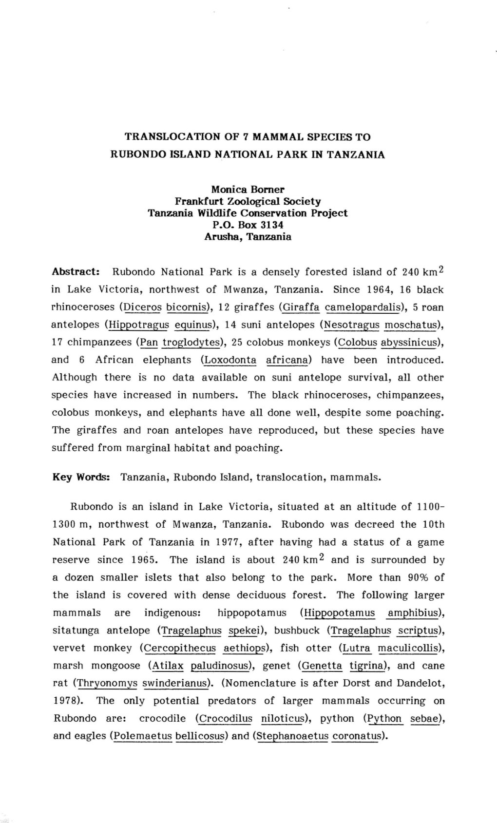 Translocation of 7 Mammal Species to Rubondo Island National Park in Tanzania