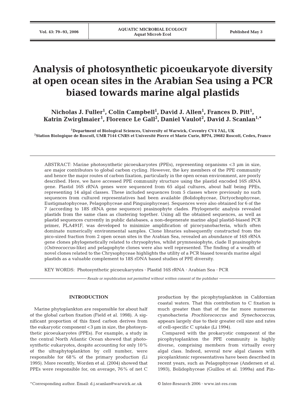 Analysis of Photosynthetic Picoeukaryote Diversity at Open Ocean Sites in the Arabian Sea Using a PCR Biased Towards Marine Algal Plastids