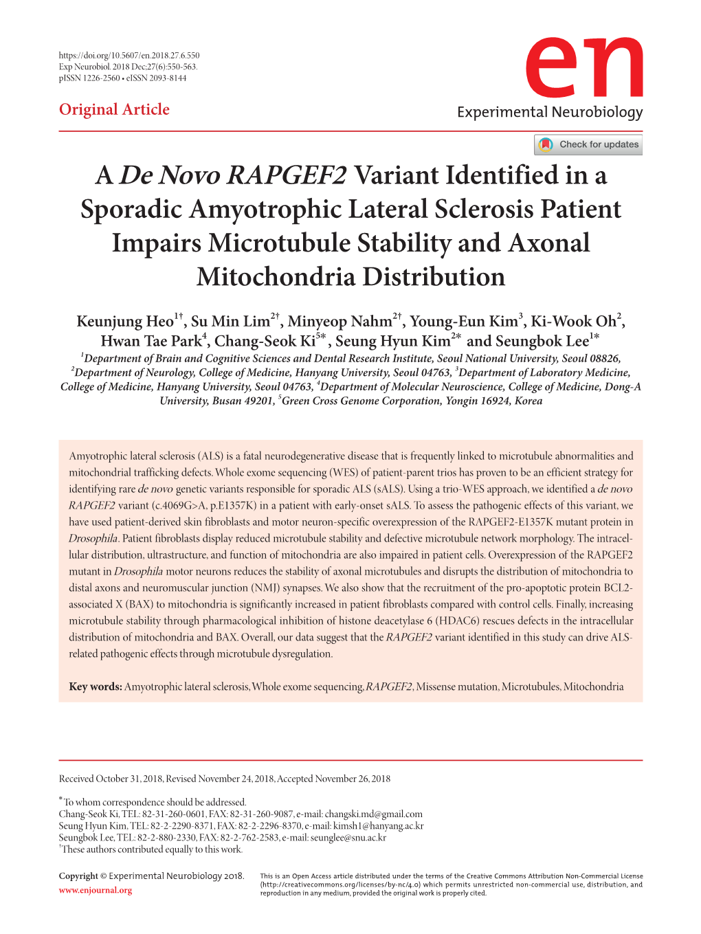 A De Novo RAPGEF2 Variant Identified in a Sporadic Amyotrophic Lateral Sclerosis Patient Impairs Microtubule Stability and Axonal Mitochondria Distribution