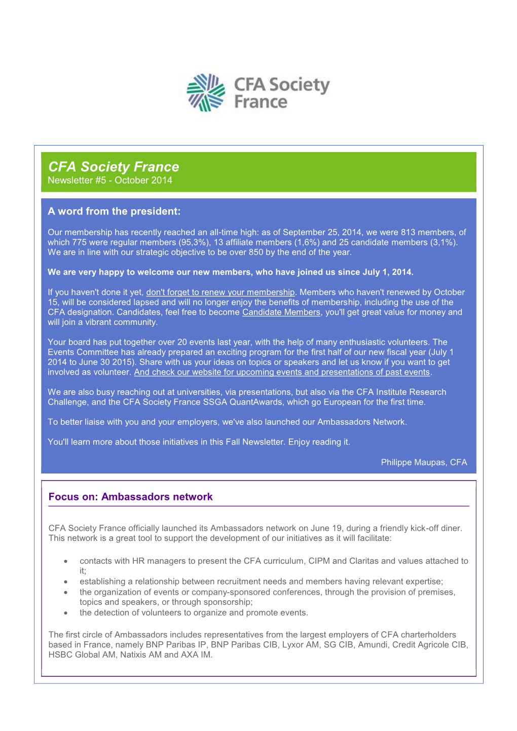 CFA Society France Newsletter #5 - October 2014