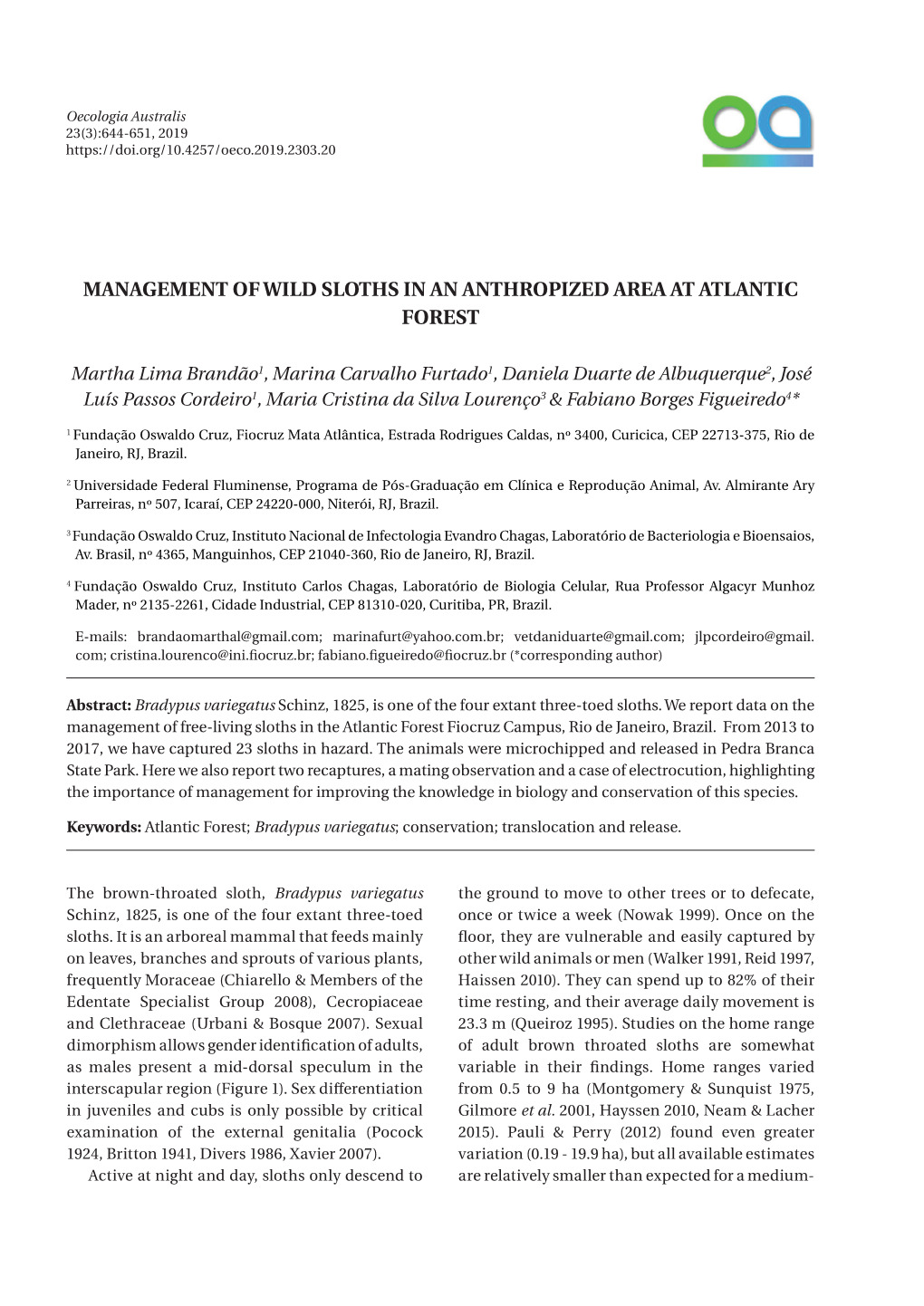 Management of Wild Sloths in an Anthropized Area at Atlantic Forest