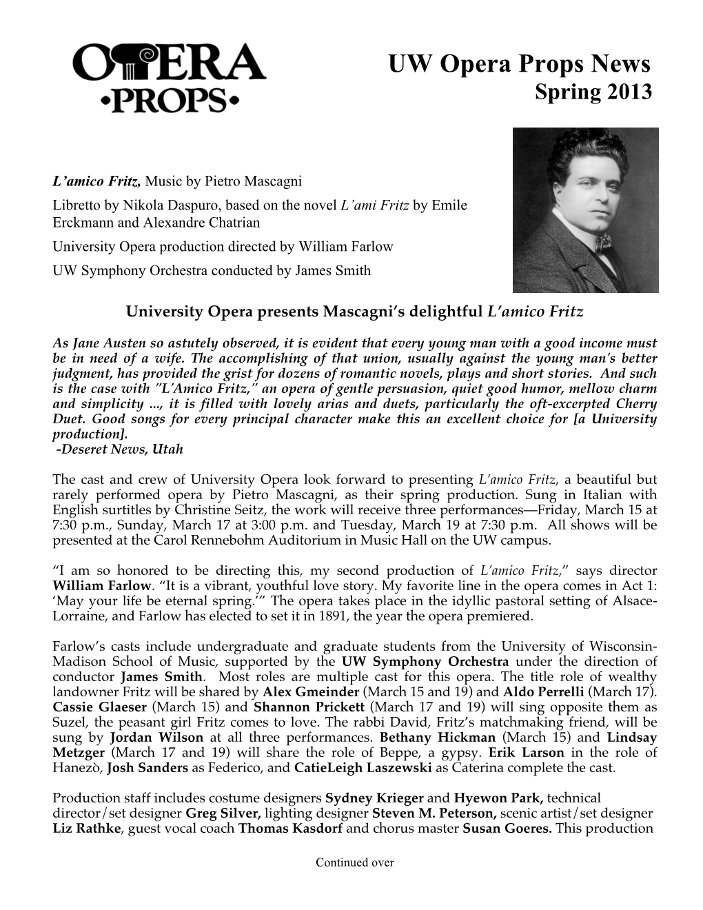 UW Opera Props Newsletter Spring 2013