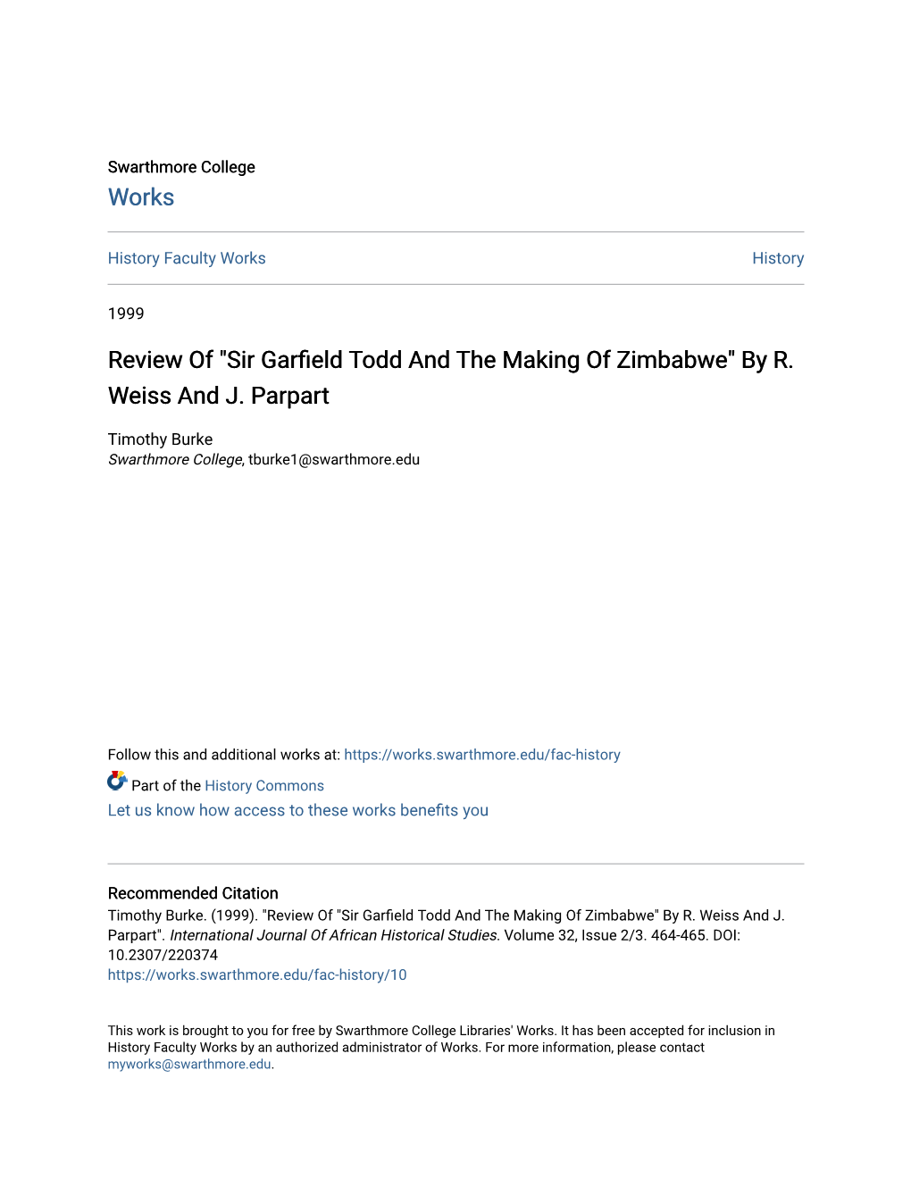 Review Of" Sir Garfield Todd and the Making of Zimbabwe" by R. Weiss
