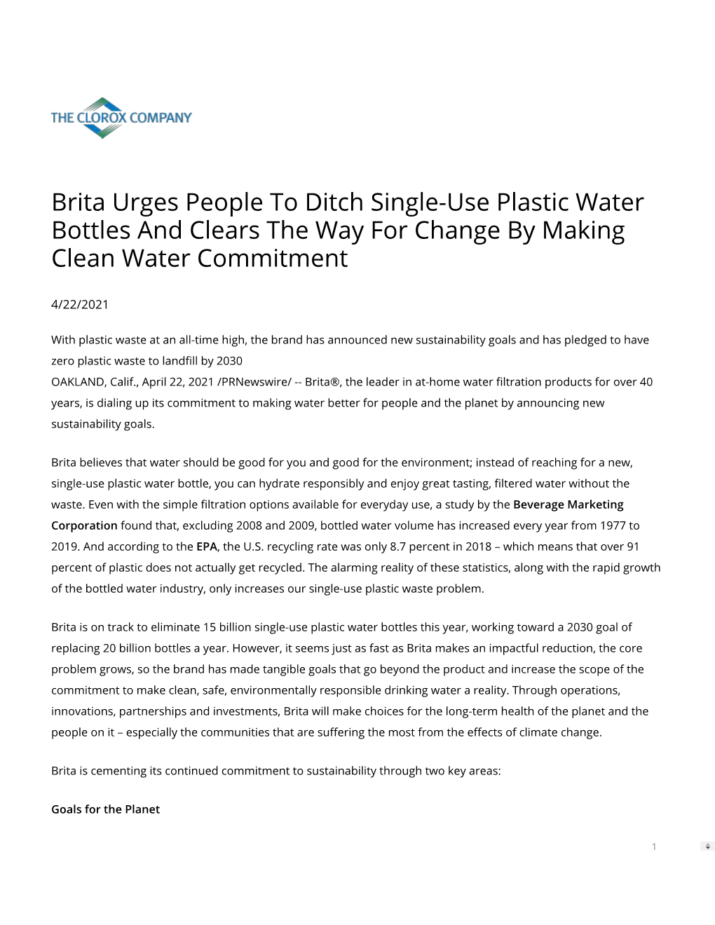 Brita Urges People to Ditch Single-Use Plastic Water Bottles and Clears the Way for Change by Making Clean Water Commitment