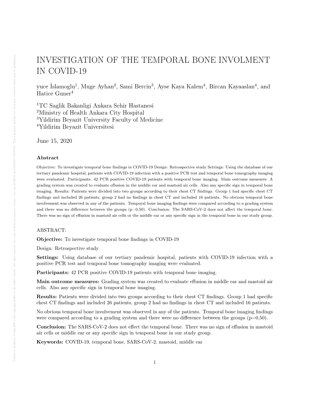 Investigation of the Temporal Bone Involment in Covid-19