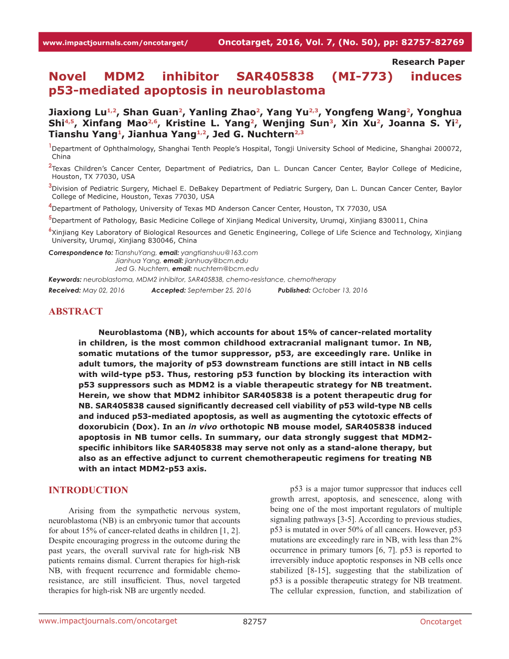 Novel MDM2 Inhibitor SAR405838 (MI-773) Induces P53-Mediated Apoptosis in Neuroblastoma