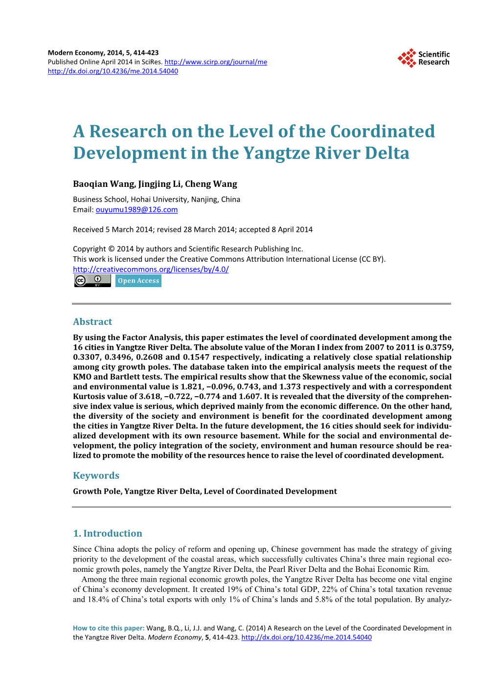 A Research on the Level of the Coordinated Development in the Yangtze River Delta