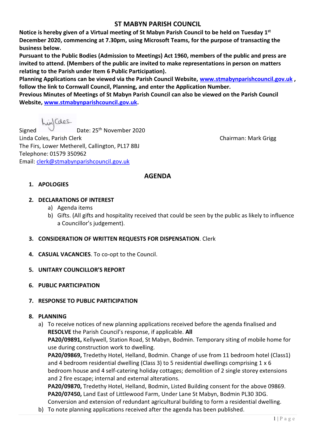 St Mabyn Parish Council Agenda