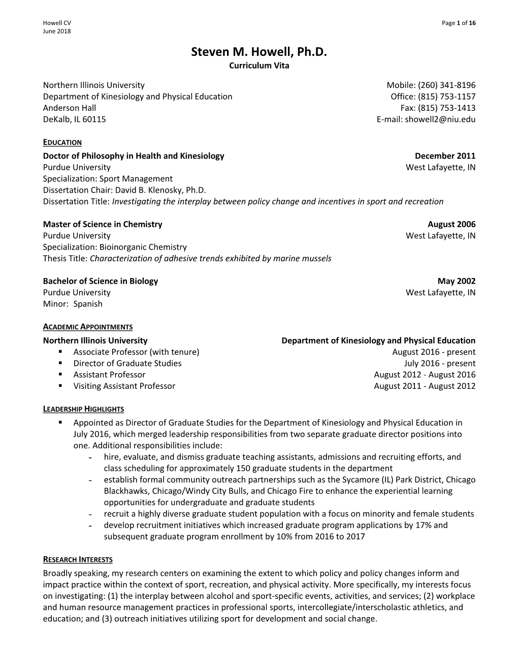 Steven M. Howell, Ph.D. Curriculum Vita