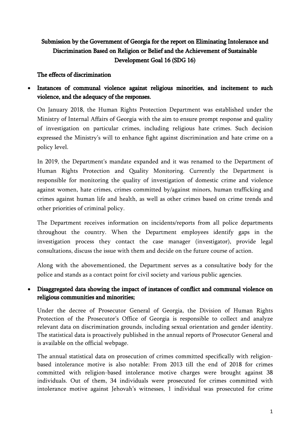 Georgia for the Report on Eliminating Intolerance and Discrimination Based on Religion Or Belief and the Achievement of Sustainable Development Goal 16 (SDG 16)