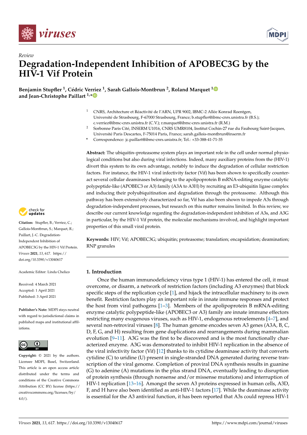 Degradation-Independent Inhibition of APOBEC3G by the HIV-1 Vif Protein