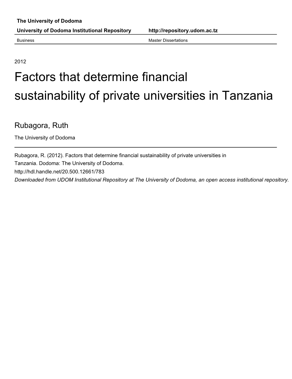 Factors That Determine Financial Sustainability of Private Universities in Tanzania