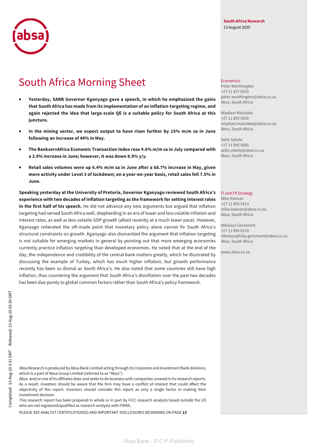 South Africa Morning Sheet