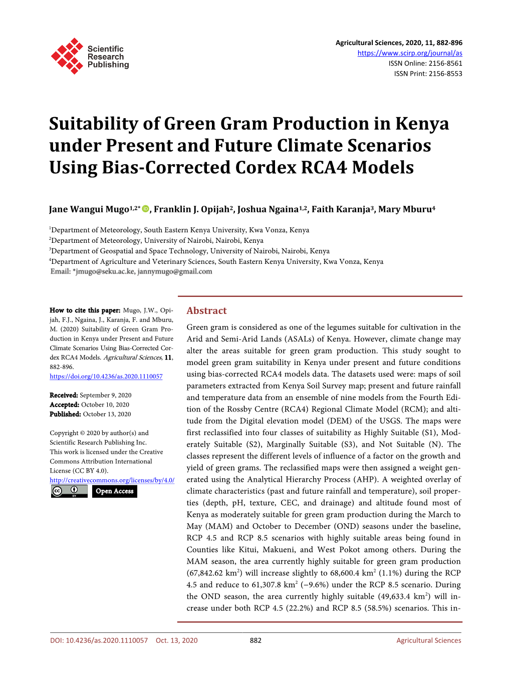 Suitability of Green Gram Production in Kenya Under Present and Future Climate Scenarios Using Bias-Corrected Cordex RCA4 Models