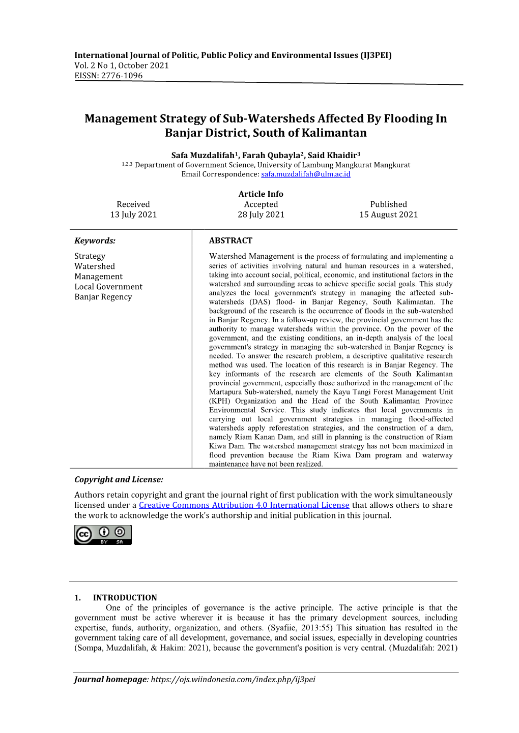 Management Strategy of Sub-Watersheds Affected by Flooding in Banjar District, South of Kalimantan