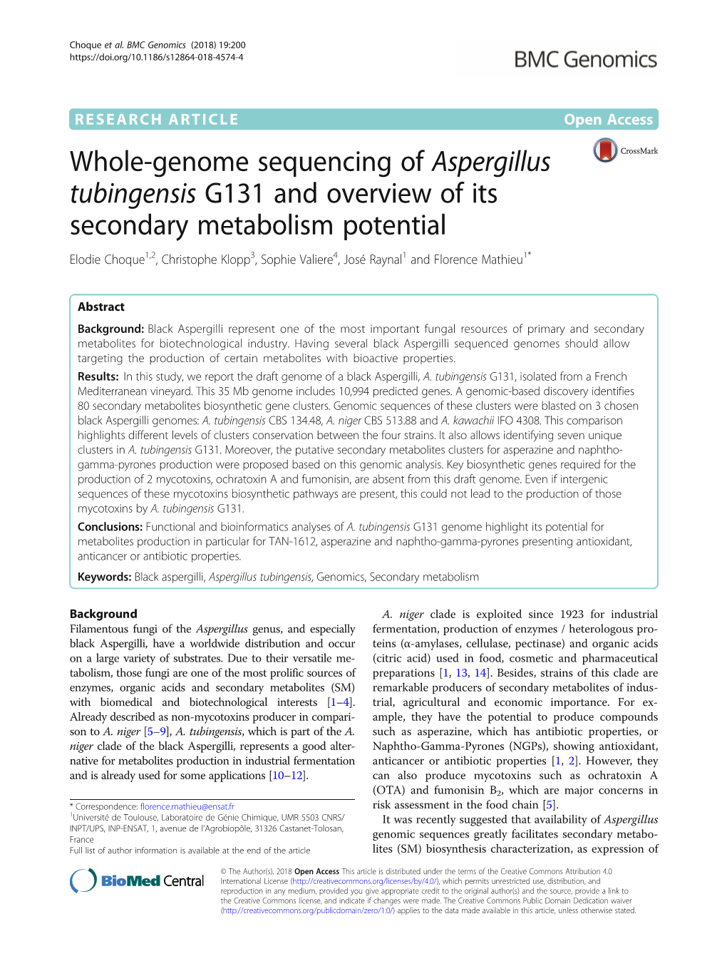 Whole-Genome Sequencing of Aspergillus Tubingensis G131 and Overview of Its Secondary Metabolism Potential