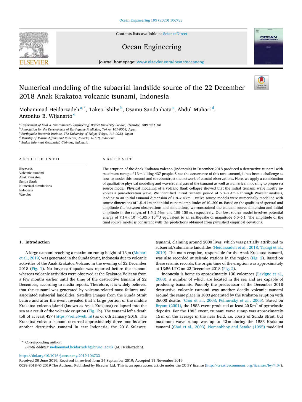 Numerical Modeling of the Subaerial Landslide Source of the 22 December 2018 Anak Krakatoa Volcanic Tsunami, Indonesia