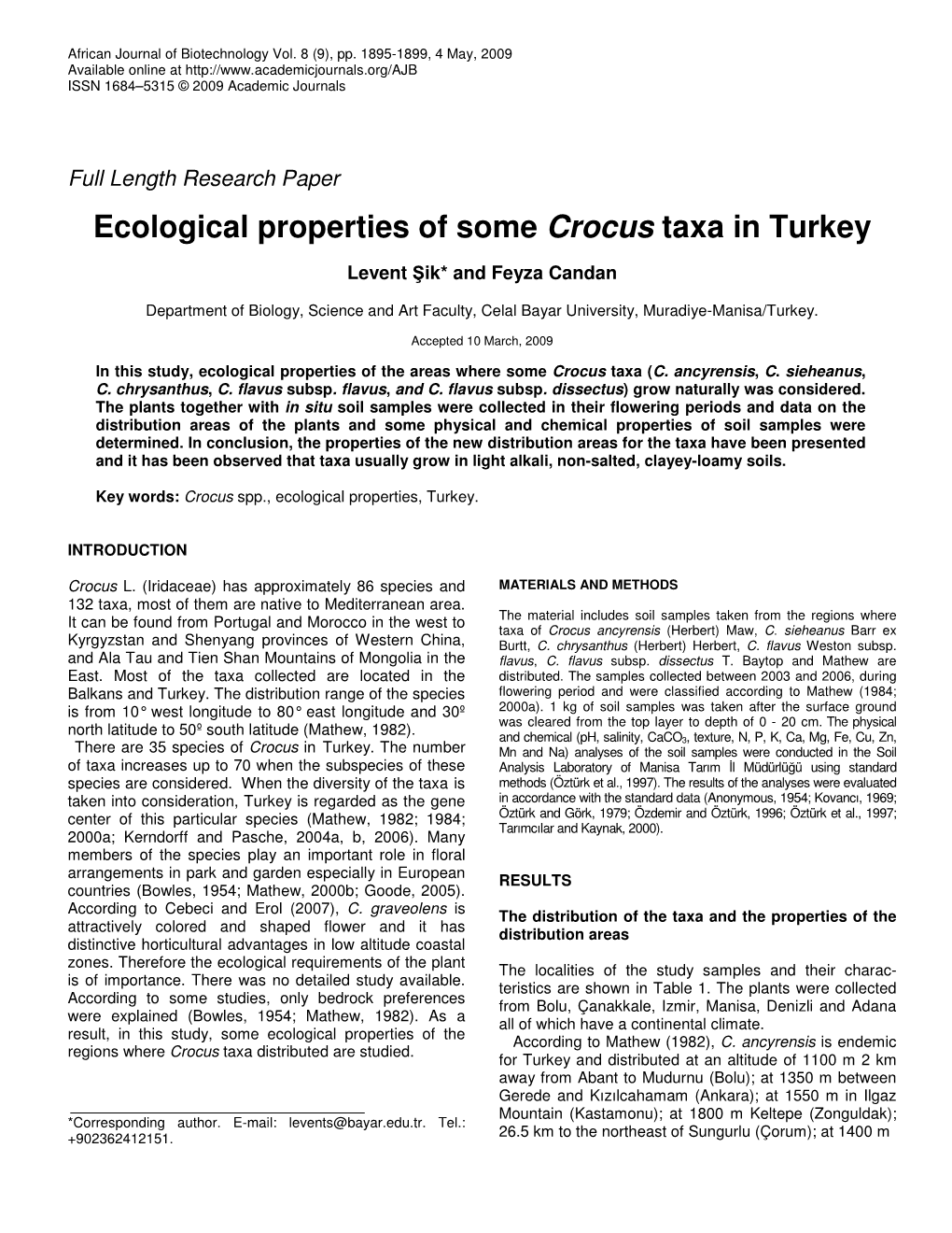 Ecological Properties of Some Crocus Taxa in Turkey