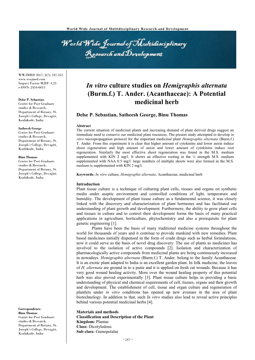 In Vitro Culture Studies on Hemigraphis Alternata