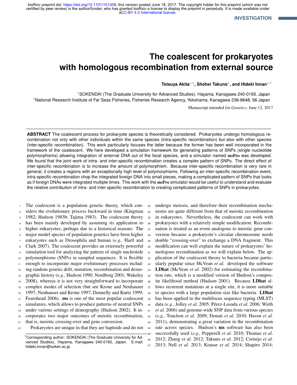 The Coalescent for Prokaryotes with Homologous Recombination from External Source