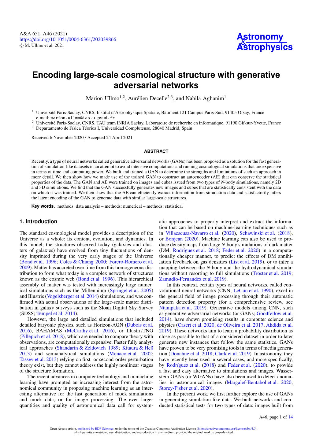 Encoding Large-Scale Cosmological Structure with Generative Adversarial Networks Marion Ullmo1,2, Aurélien Decelle2,3, and Nabila Aghanim1