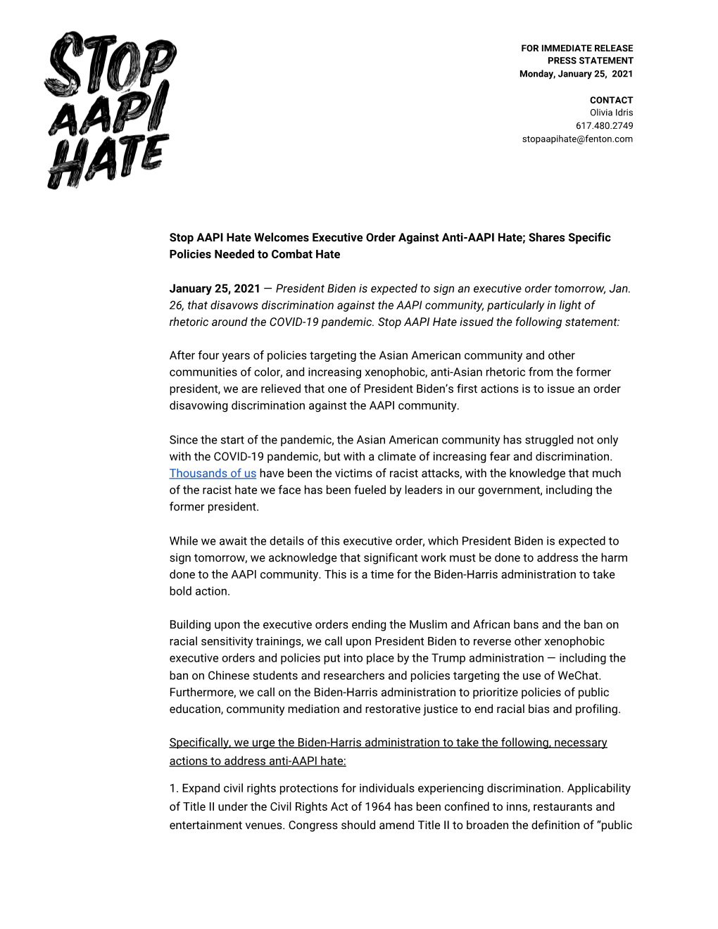 Stop AAPI Hate Welcomes Executive Order Against Anti-AAPI Hate; Shares Specific Policies Needed to Combat Hate