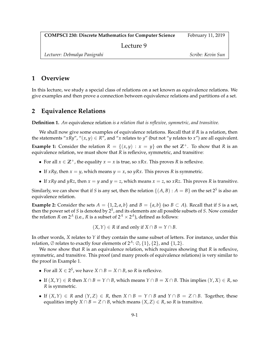 Lecture 9 1 Overview 2 Equivalence Relations