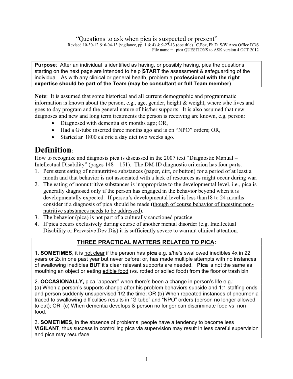 Questions to Ask When Pica Is Suspected Or Present” Revised 10-30-12 & 6-04-13 (Vigilance, Pp