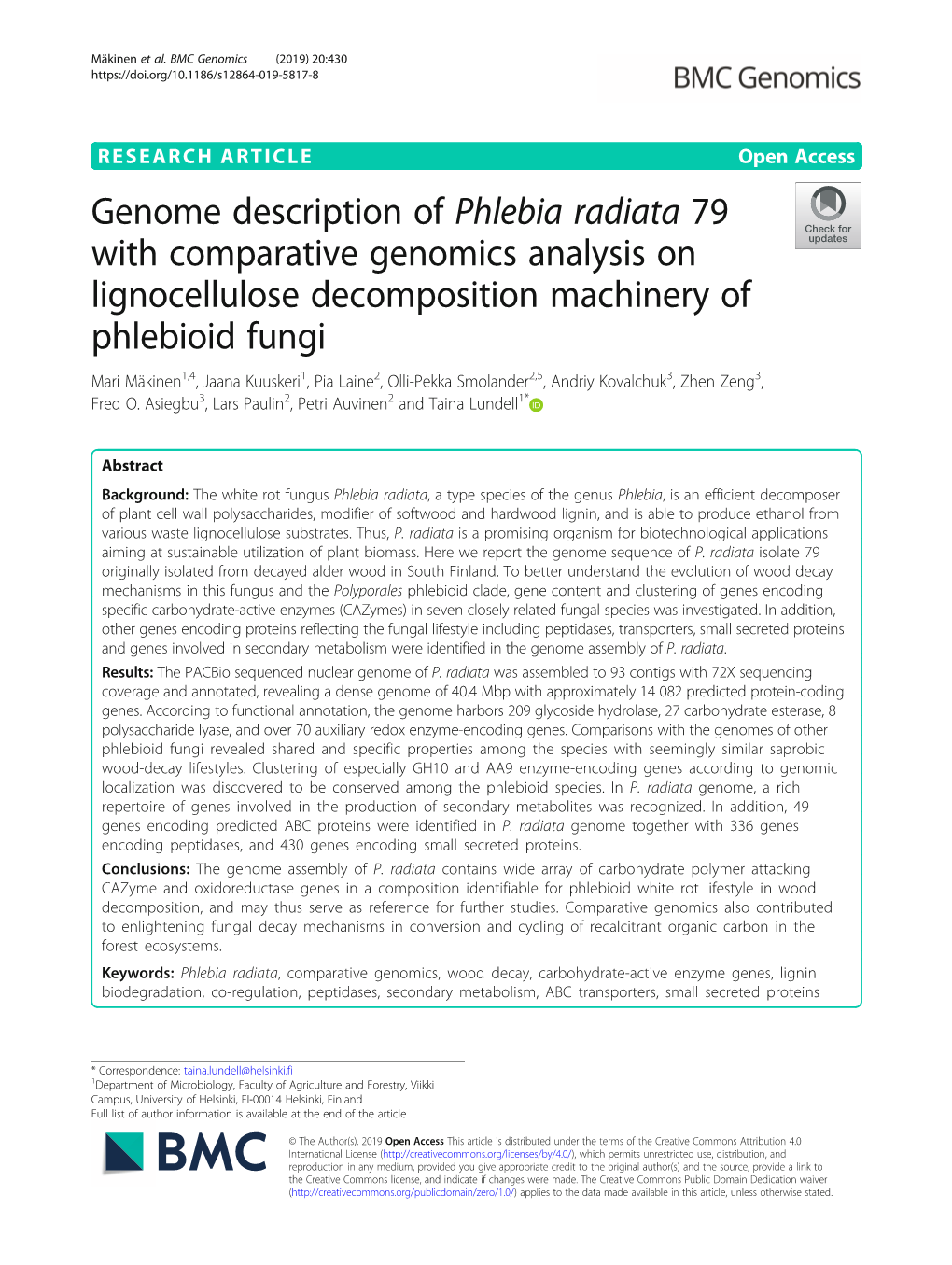 Genome Description of Phlebia Radiata 79 with Comparative Genomics