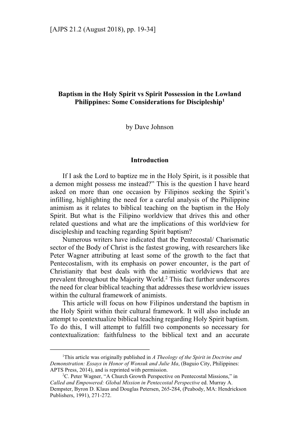 Baptism in the Holy Spirit Vs Spirit Possession in the Lowland Philippines: Some Considerations for Discipleship1