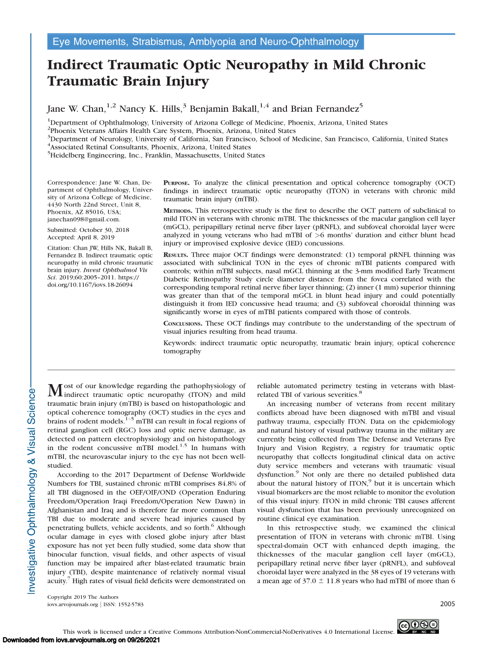 Indirect Traumatic Optic Neuropathy in Mild Chronic Traumatic Brain Injury