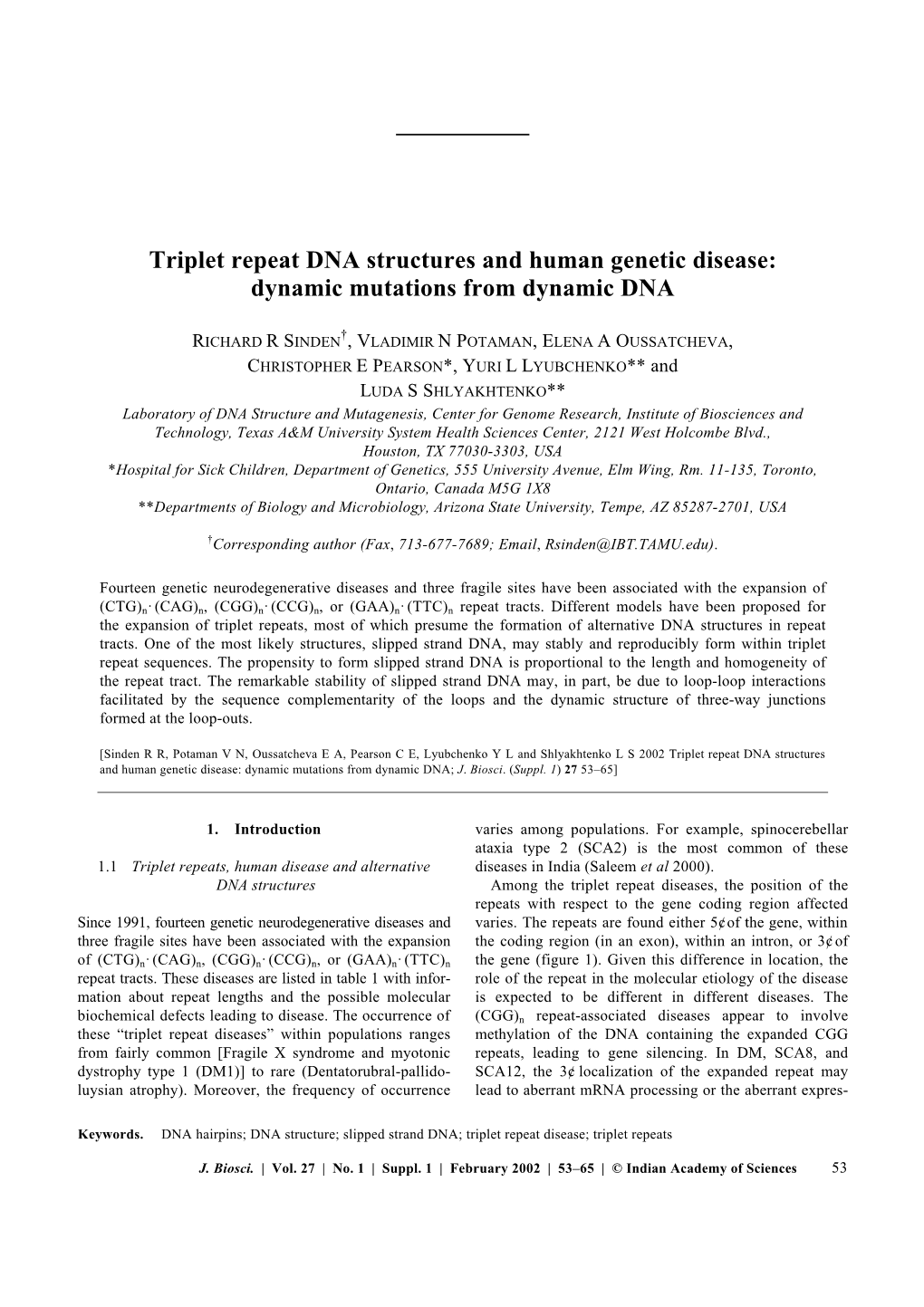 Triplet Repeat DNA Structures and Human Genetic Disease: Dynamic Mutations from Dynamic DNA