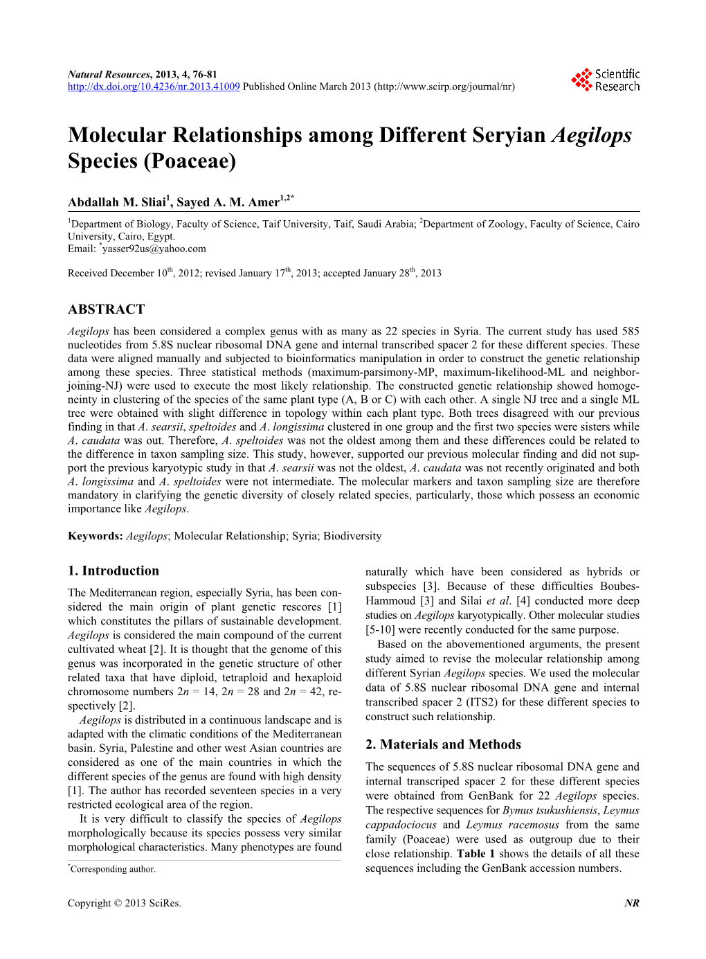 Molecular Relationships Among Different Seryian Aegilops Species (Poaceae)