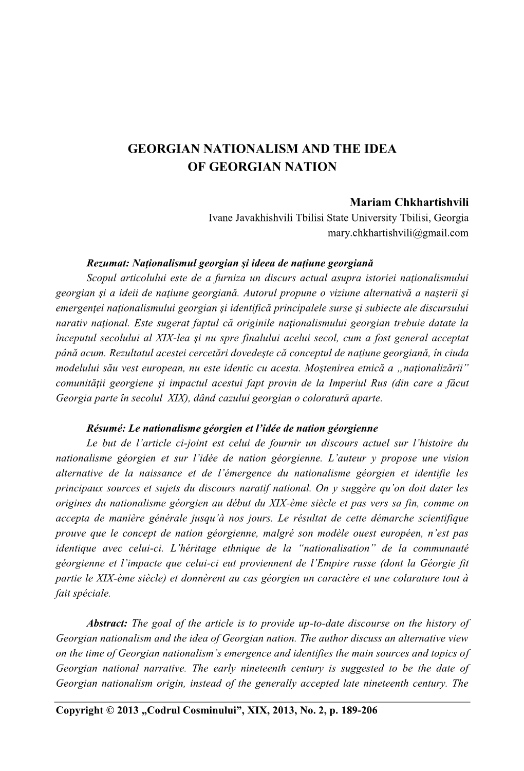 Georgian Nationalism and the Idea of Georgian Nation