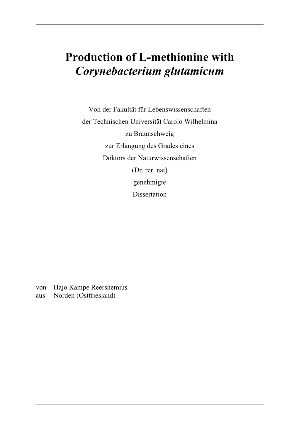 Production of L-Methionine with Corynebacterium Glutamicum