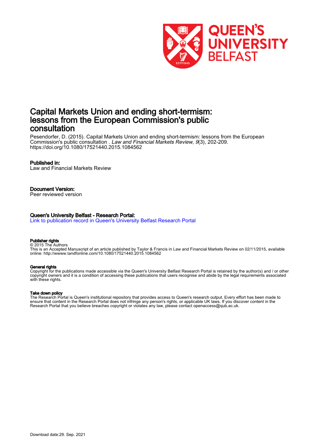 Capital Markets Union and Ending Short-Termism: Lessons from the European Commission's Public Consultation Pesendorfer, D