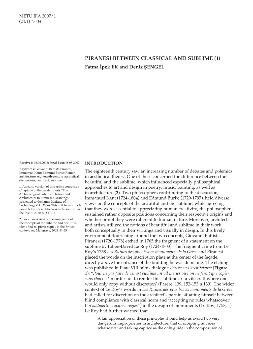 PIRANESI BETWEEN CLASSICAL and SUBLIME (1) Fatma İpek EK and Deniz ŞENGEL