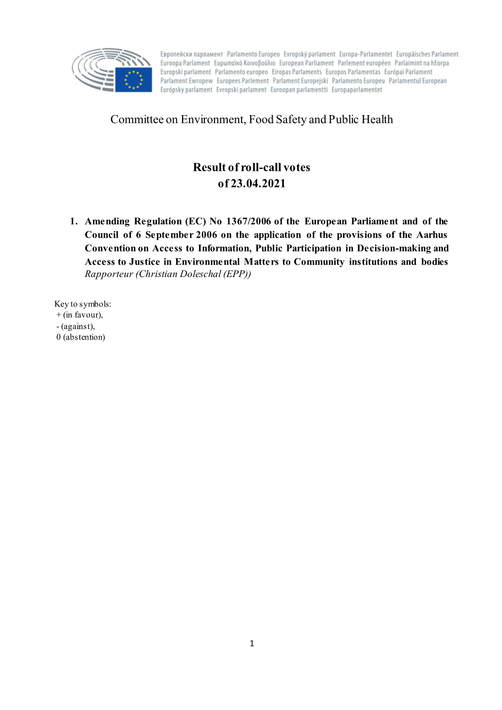 Committee on Environment, Food Safety and Public Health Result of Roll-Call Votes of 23.04.2021