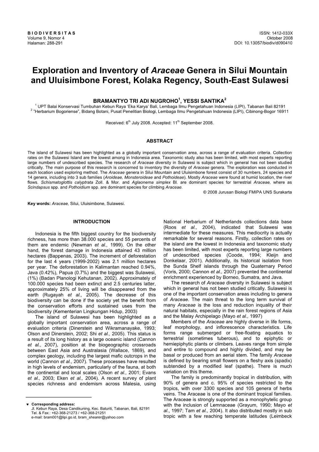 Exploration and Inventory of Araceae Genera in Silui Mountain and Uluisimbone Forest, Kolaka Regency, South-East Sulawesi