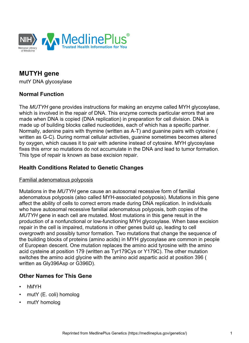 MUTYH Gene Muty DNA Glycosylase