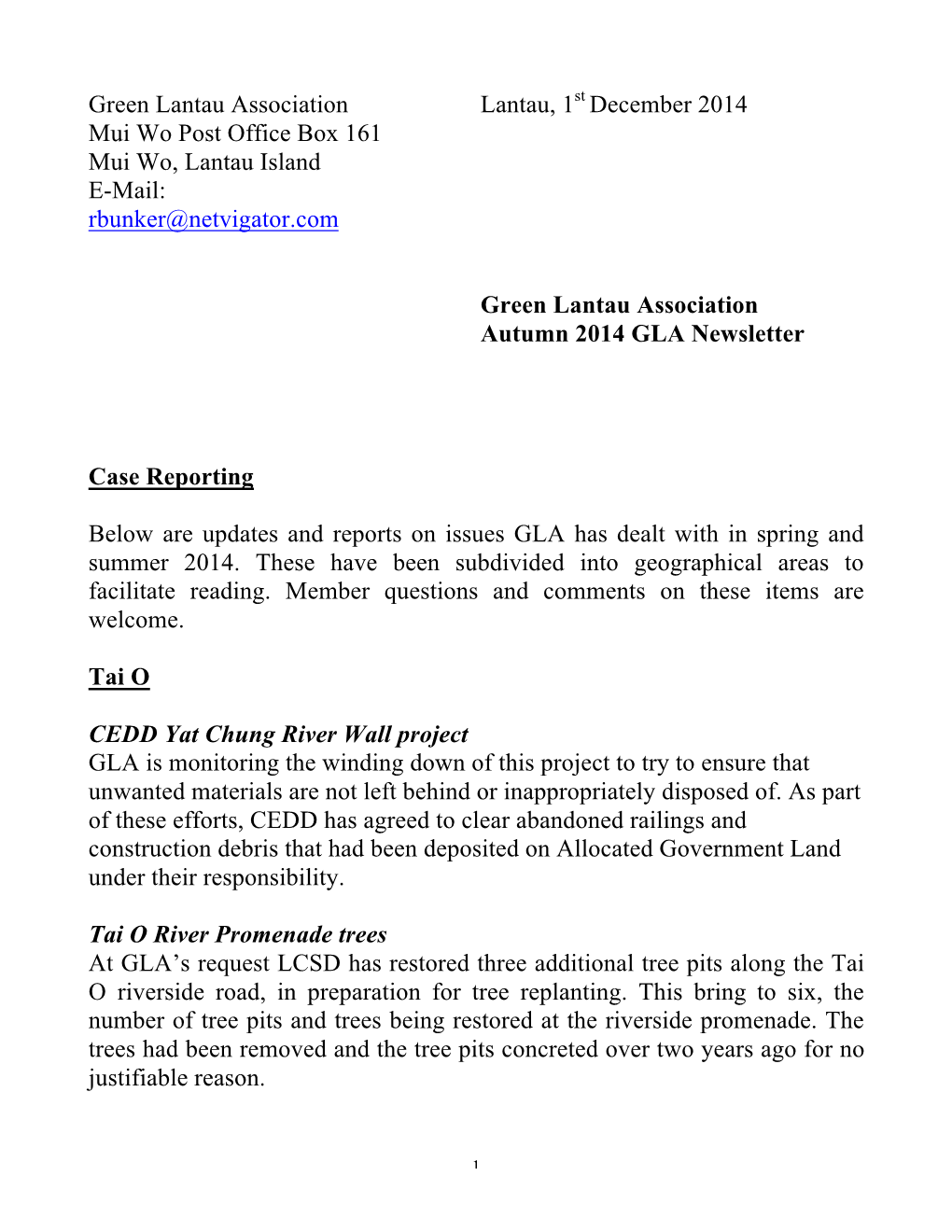 Green Lantau Association Autumn 2014 GLA Newsletter Case Reporting