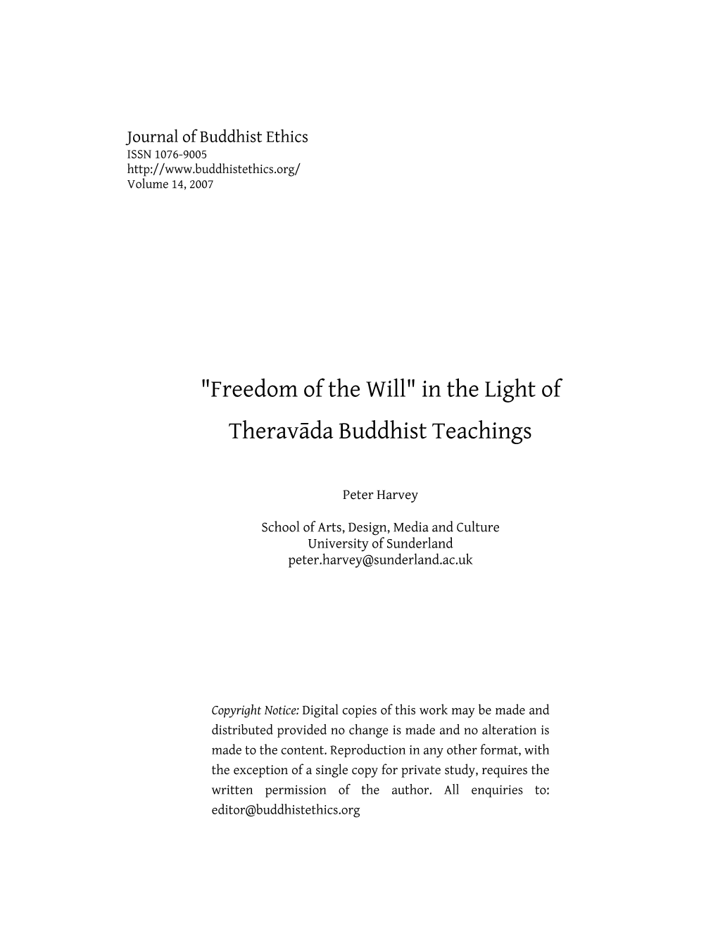 “Freedom of the Will” in the Light of Theravāda