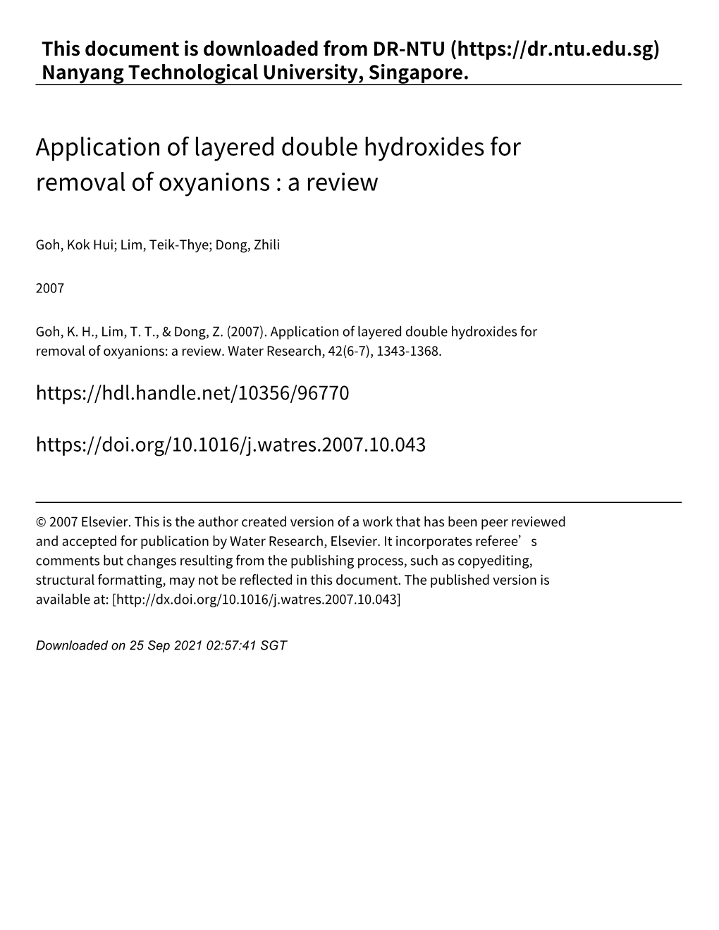 Application of Layered Double Hydroxides for Removal of Oxyanions : a Review